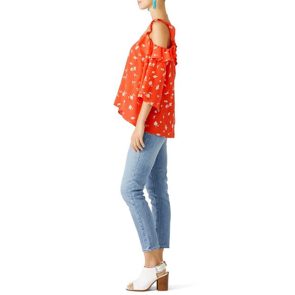 Shoshanna Bronwen Red Floral Print Cold Shoulder Square Neck Silk Top Size Small - Picture 2 of 12